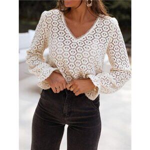 Crochet Lace V-Neck Long Sleeve Blouse